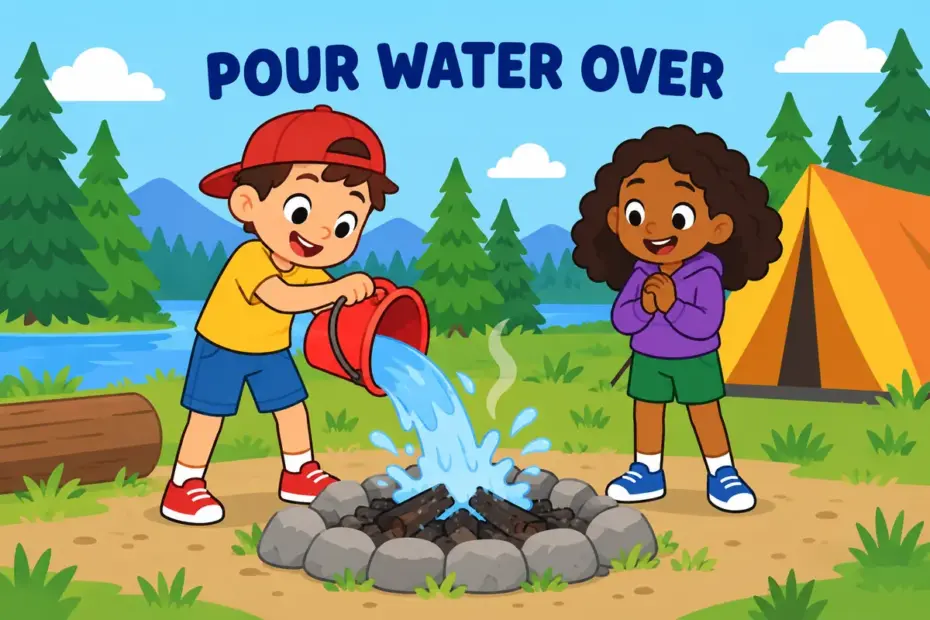 A cartoon camper pours a bucket of water over a small fire, showing douse in a sentence.