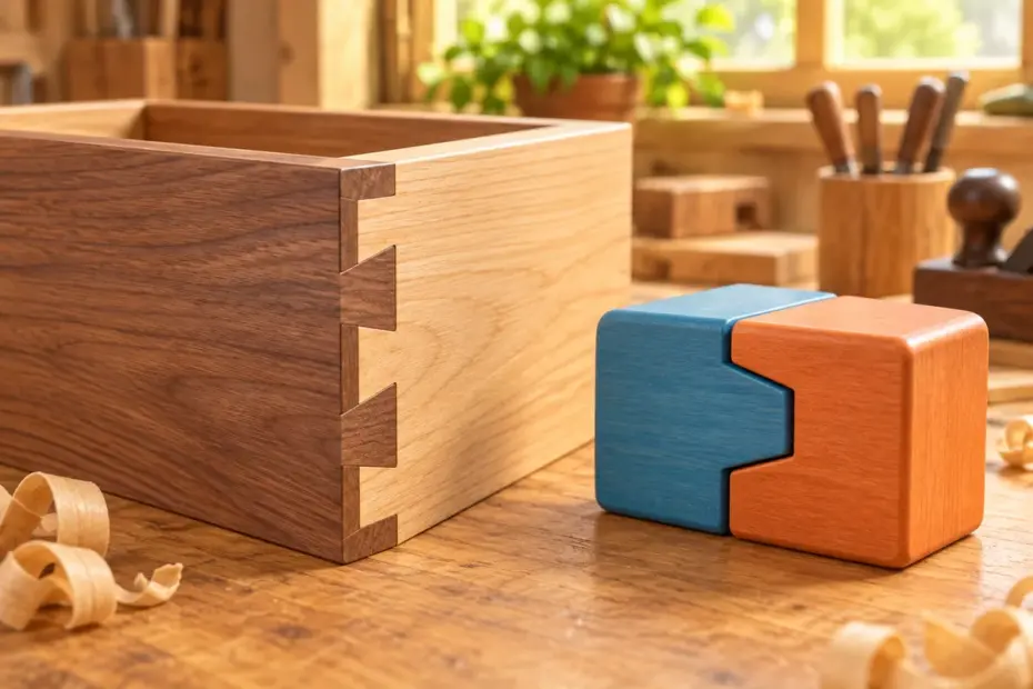 Two wooden boards meet in a precise dovetail joint beside a matching puzzle-like pair of shapes.
