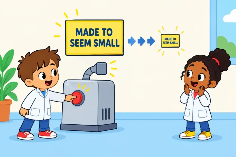 A cartoon child lowers a large warning sign to a small size, illustrating downplay in a sentence as making something seem less serious.