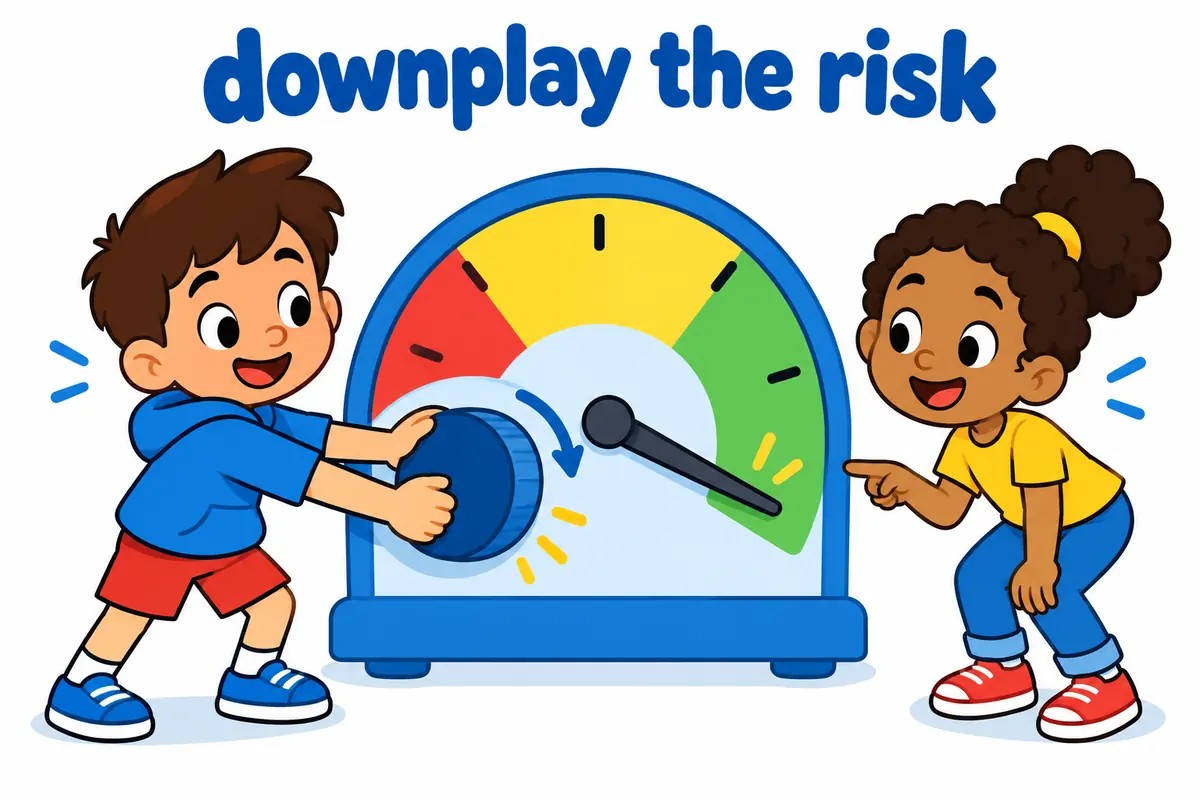 A cartoon child turns a dial that lowers a risk bar on a gauge, showing downplay used to make a risk seem smaller.