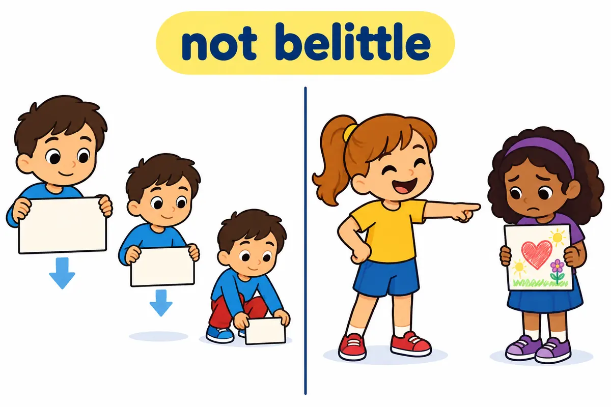 A cartoon split scene contrasts a child shrinking a warning sign with a child belittling a classmate, showing downplay is not belittle.