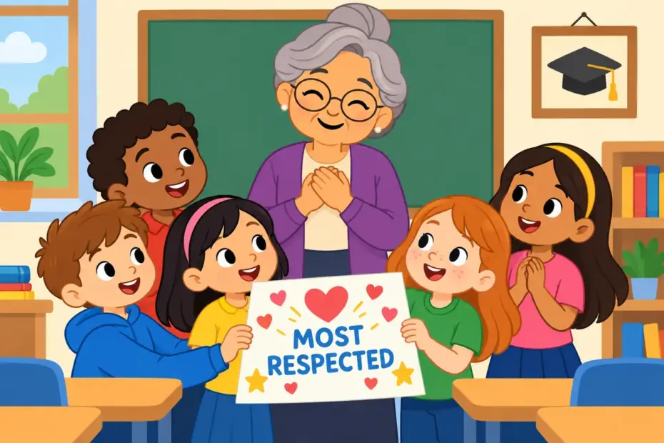 Cartoon children gather around a smiling older mentor, showing doyen in a sentence as the most respected senior figure.