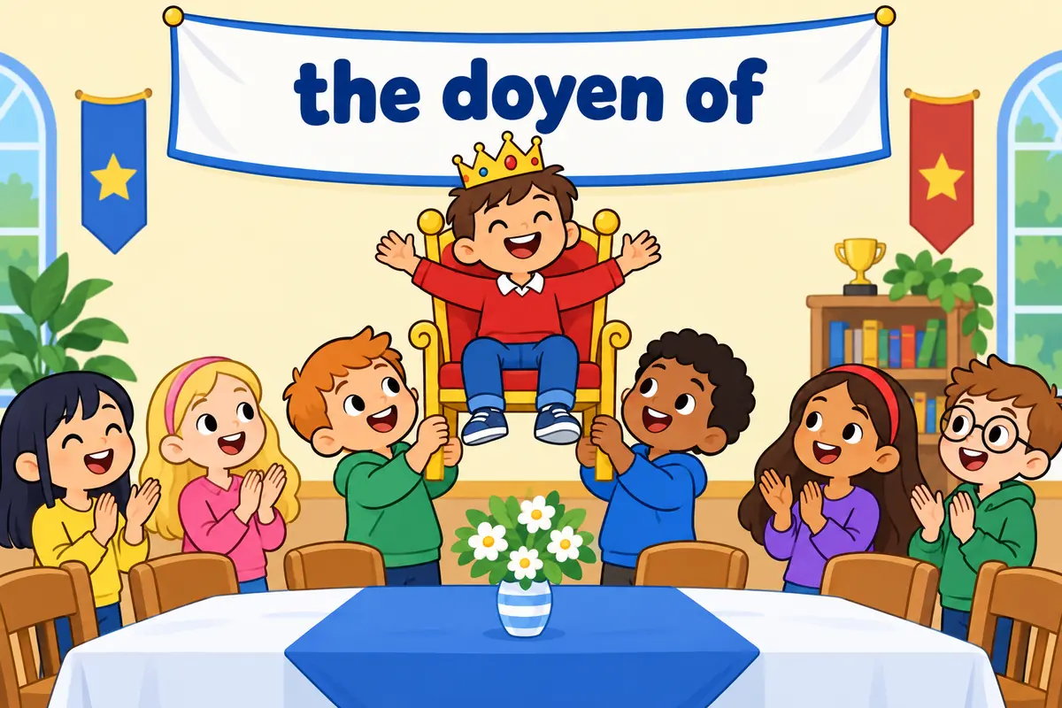 A cartoon child is lifted onto a seat of honour by smiling classmates while a banner shows the phrase the doyen of.