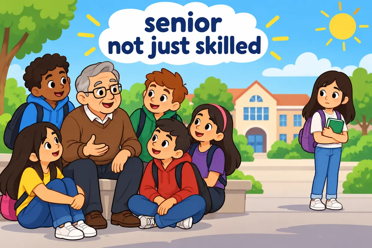 A single unified cartoon scene contrasts an older figure surrounded by admiring students with a lone newcomer holding a single book.