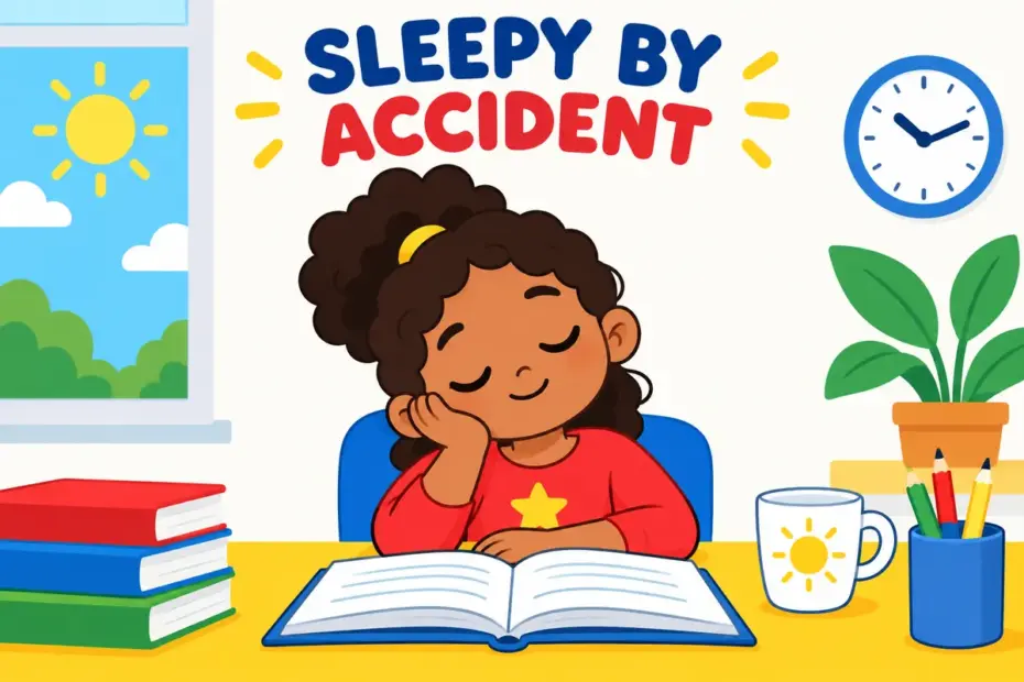 Cartoon child nods asleep over an open school book in daylight, showing doze off in a sentence as accidental light sleep.