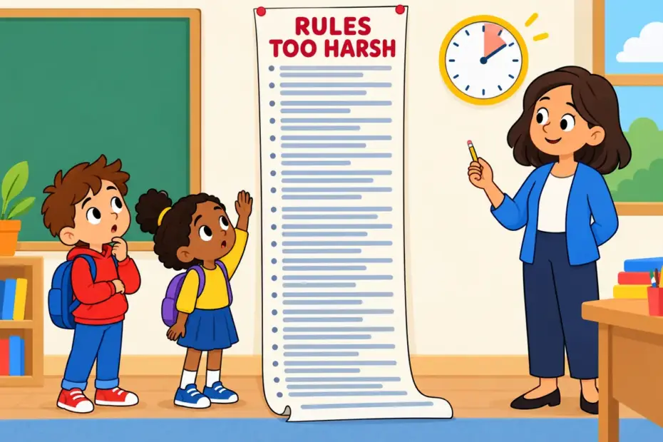 Cartoon pupils read a very long list of classroom rules beside a thoughtful teacher, showing draconian in a sentence as excessive harshness.