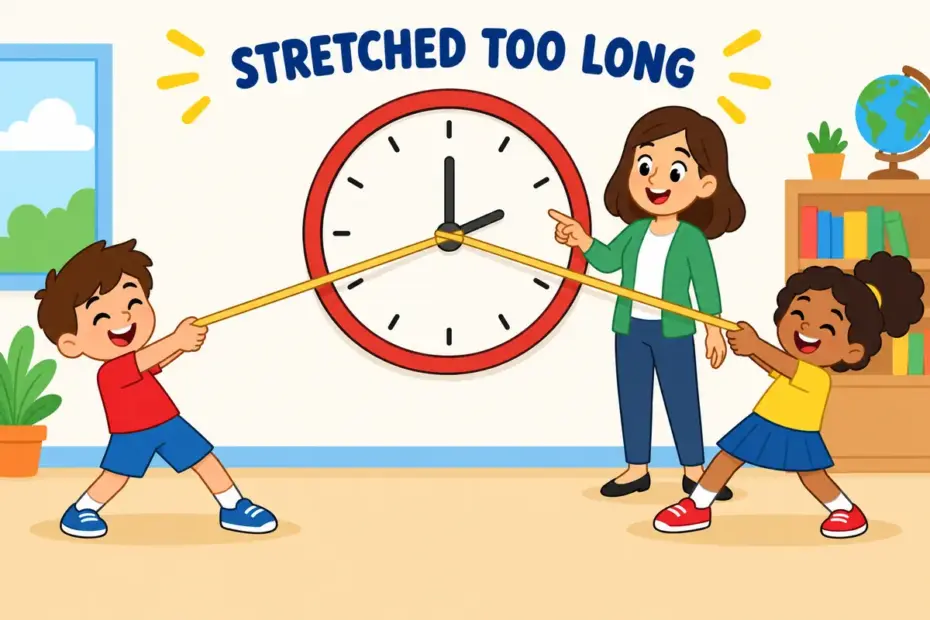 Cartoon children pull a long elastic band tied to a clock, showing drag out in a sentence as stretching a task too long.