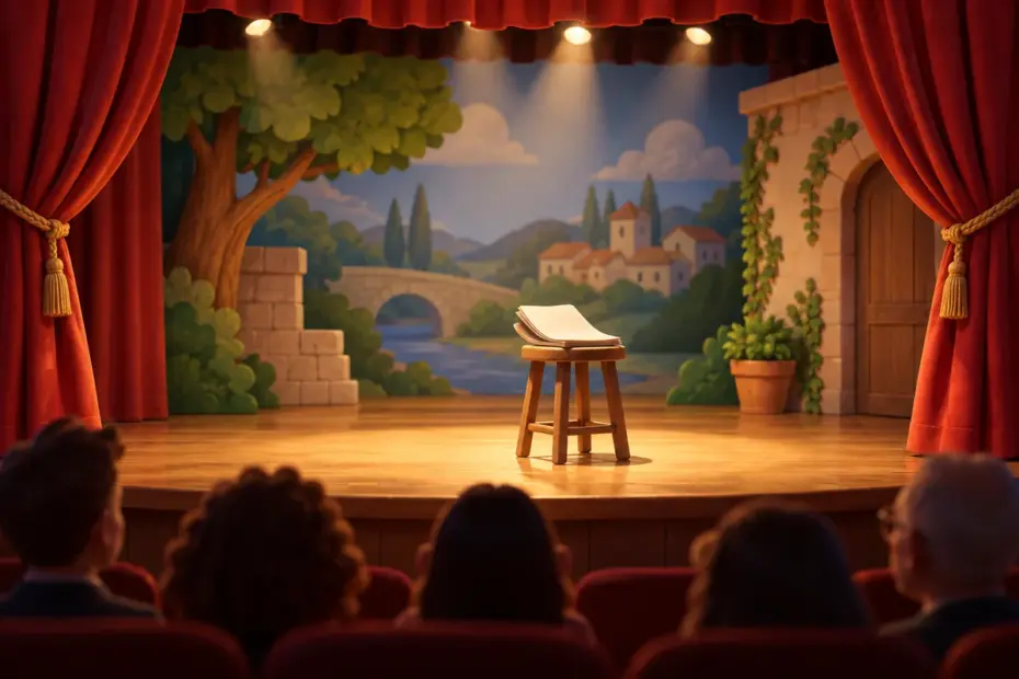 Actors perform a serious play on a warmly lit theater stage.