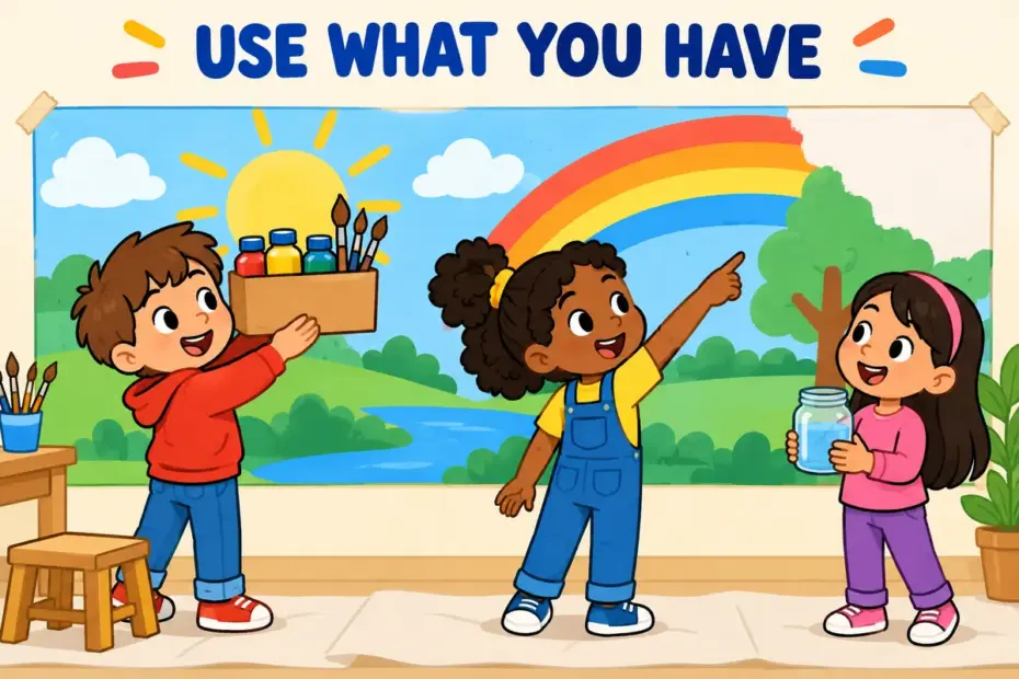 Cartoon children draw on a box of art supplies to finish a mural, showing draw on in a sentence as using a stored resource.