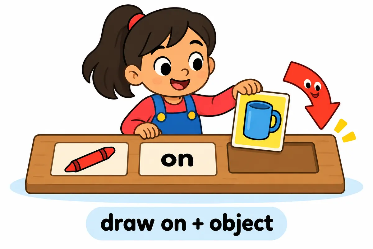 Cartoon cards show a resource card slotting in after the words draw and on, so the object follows the particle.