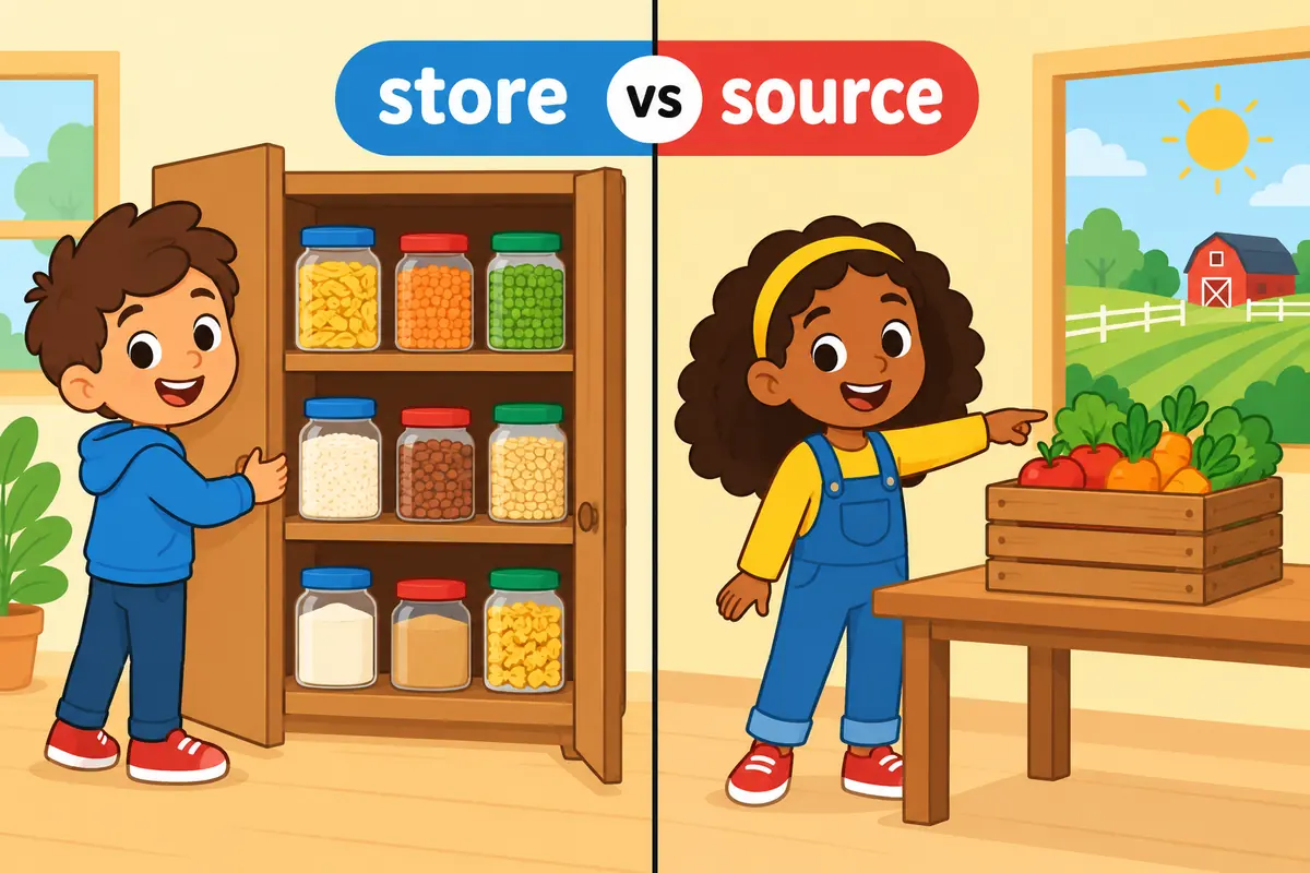 A cartoon store cupboard beside a labelled source box contrasts draw on, which uses a store, with draw from, which names a source.