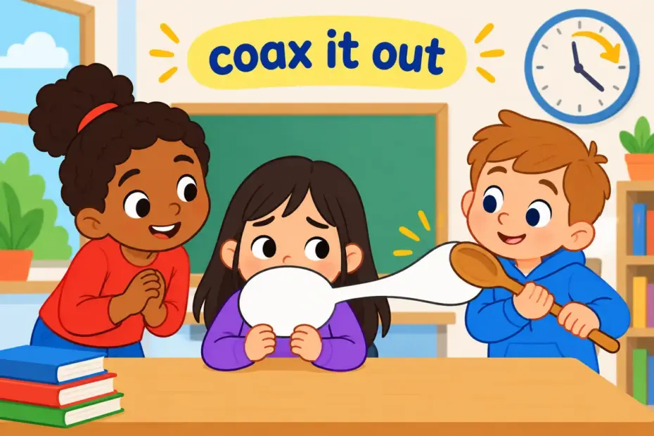 Cartoon children gently encourage a shy classmate to share a story, illustrating draw out in a sentence as coaxing speech.