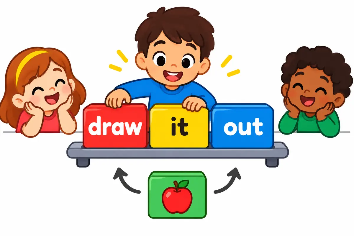 A cartoon child gently pulls a speech bubble from a shy classmate, showing the separable pattern draw him out.