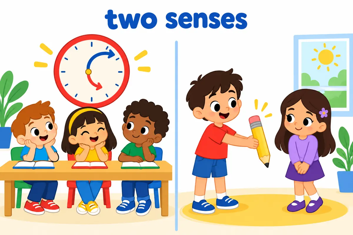 A cartoon split scene contrasts a drawn-out meeting that overruns with a child coaxing a friend to speak, two senses of draw out.