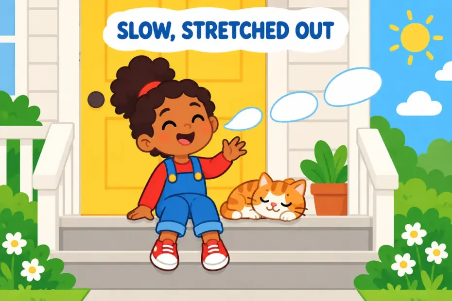 Cartoon child says a long stretched hello from a porch, illustrating drawl in a sentence as slow, lengthened speech.