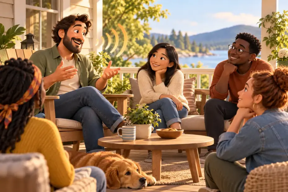 A storyteller speaks to attentive listeners on a sunny porch.