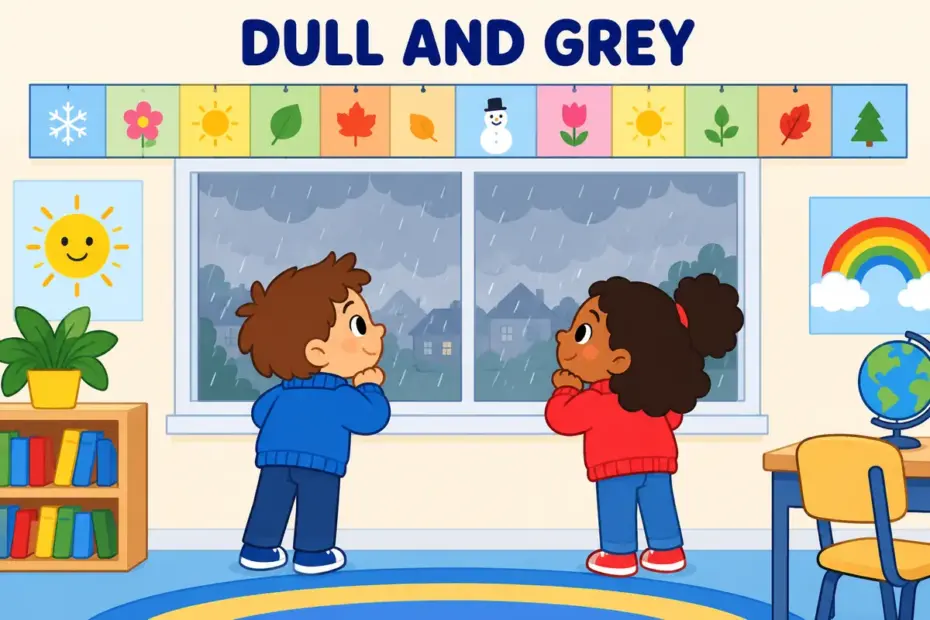 Cartoon pupils look out at grey drizzle from a classroom, showing dreary in a sentence as dull, depressing weather.