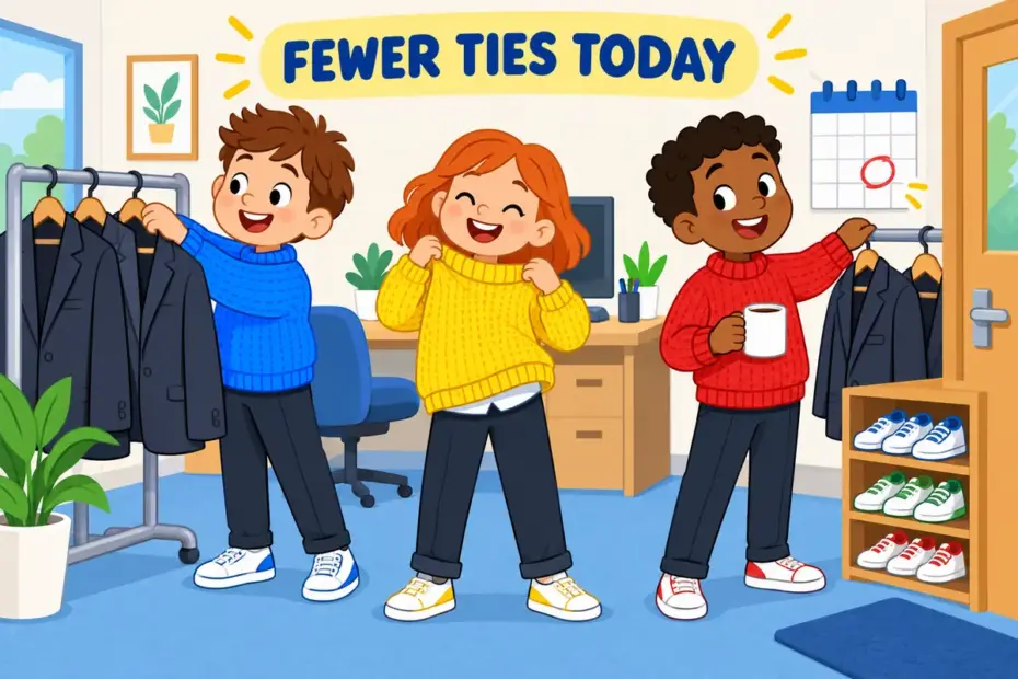 Cartoon office staff swap formal jackets for bright jumpers on a Friday, showing dress down in a sentence as casual clothing.