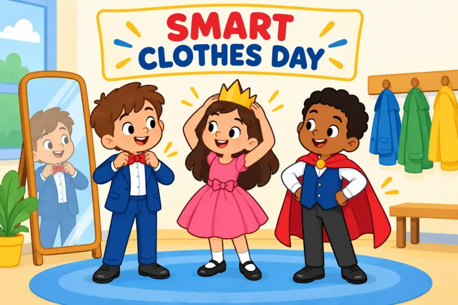 Cartoon children wear smart outfits and a small costume hat for a class party, showing dress up in a sentence as special clothing.