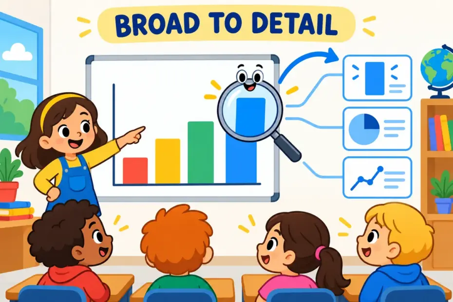 Cartoon children enlarge one bar of a chart into a record card, showing drill down in a sentence as a move to detail.