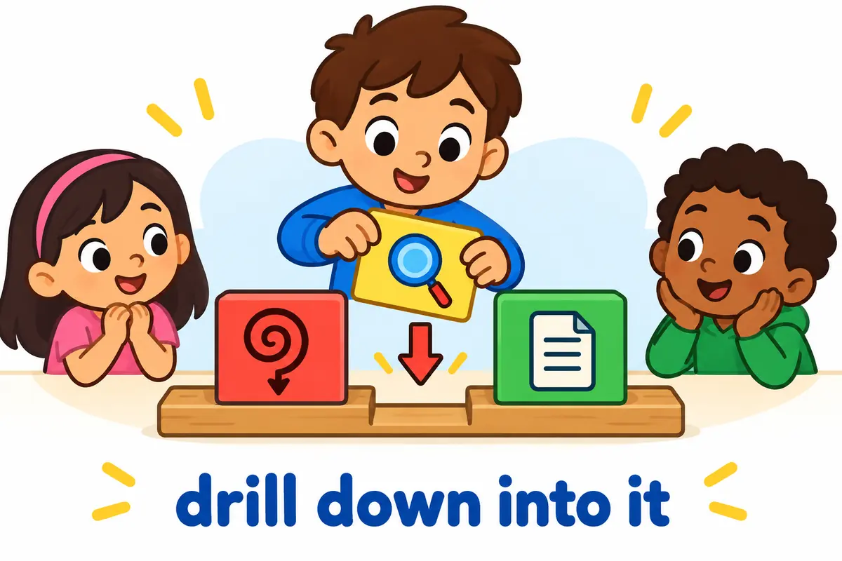 A cartoon card slots the preposition into a gap between drill down and a labelled record box.