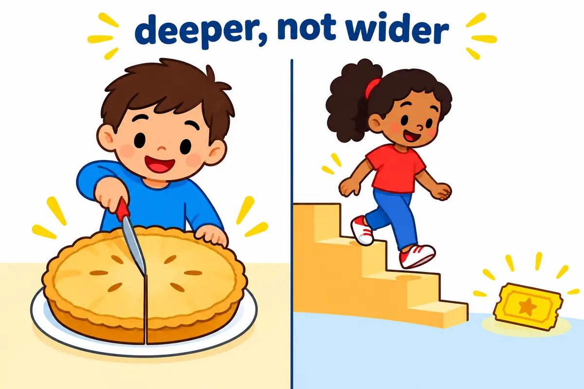 A cartoon split scene contrasts one wide split of a pie with a staircase descending into a single slice.