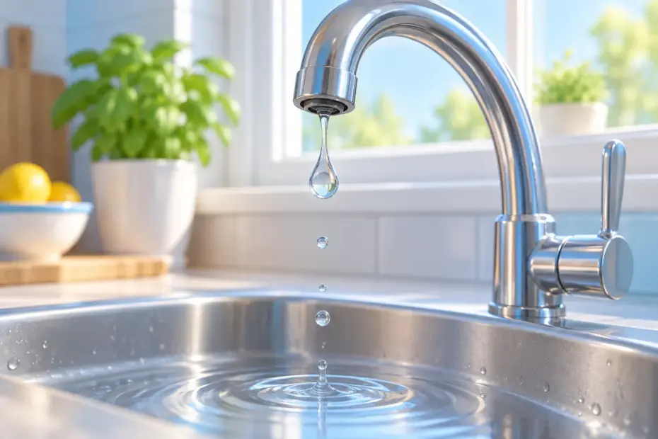 A clear drop of water falls from a kitchen faucet into a sink.