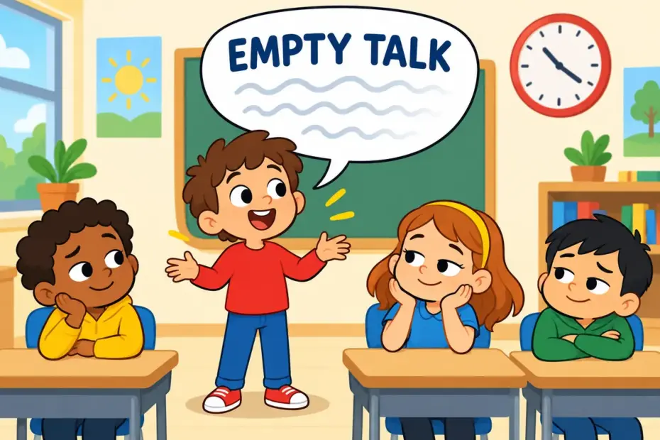 Cartoon children listen politely as a speech bubble full of fading scribbles drifts from a speaker, showing drivel in a sentence.