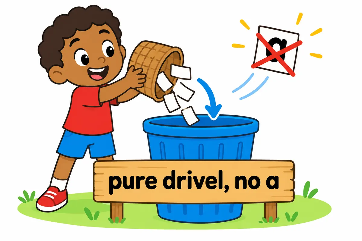 A cartoon child tips words into an empty bin labelled drivel while a crossed-out letter a floats away.