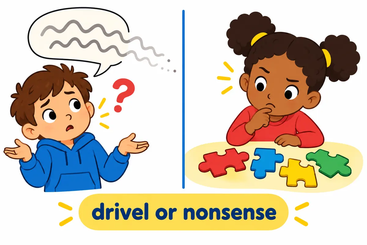 A cartoon split scene contrasts children listening to a long empty speech bubble with a child puzzling over a scrambled puzzle.