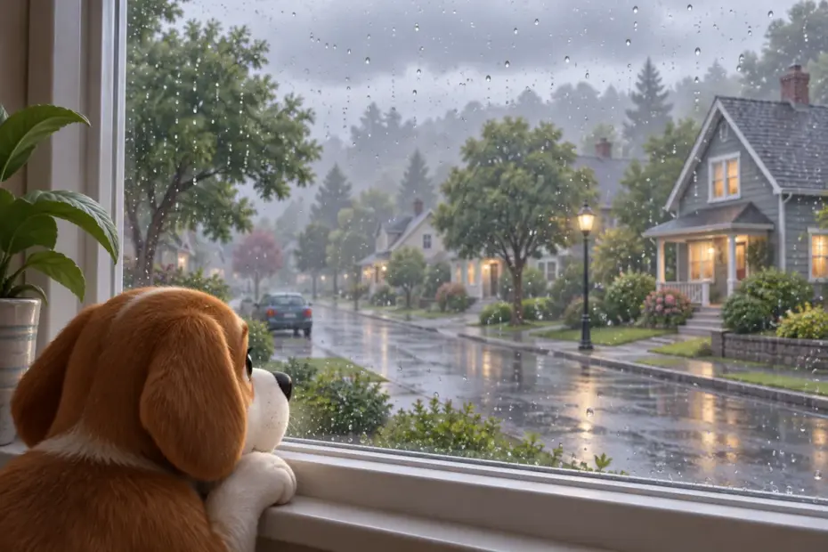 Fine drizzle falls across a quiet street as small raindrops collect on a window.