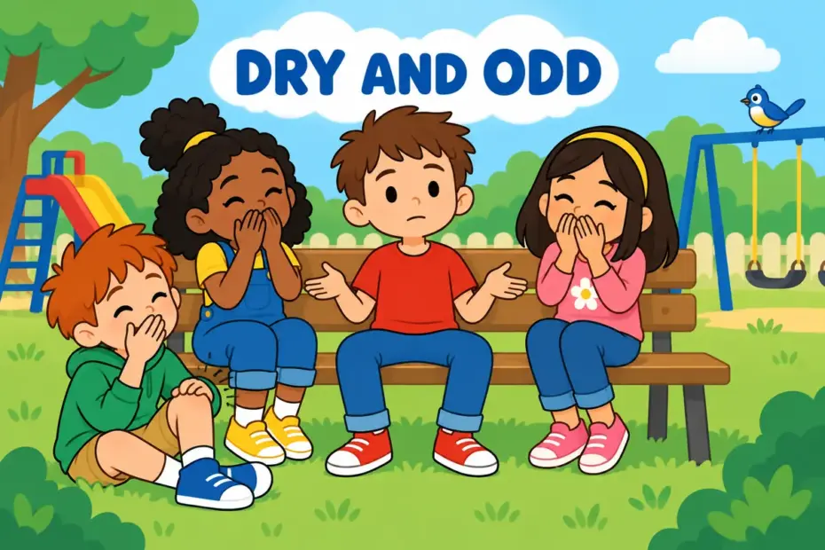 Cartoon children grin at a strange joke told by a friend, showing droll in a sentence as dry, quiet humour.