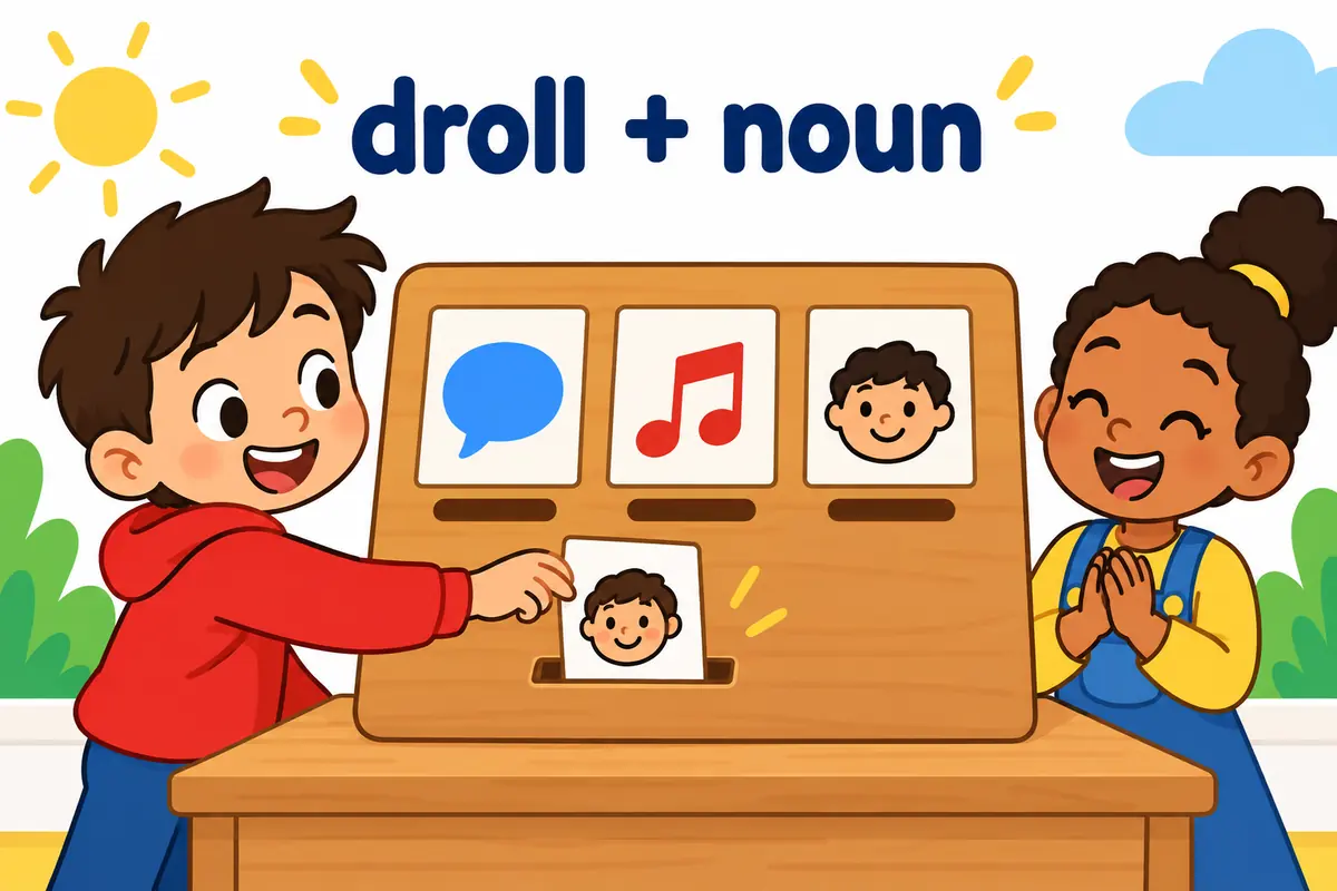 Cartoon cards show droll appearing before a remark, a tone and a face to teach its place before a noun.