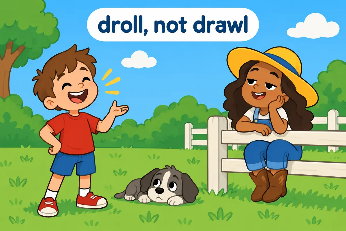 A single unified cartoon scene contrasts a child telling a dry joke with a child speaking in a slow drawl, comparing droll and drawl.