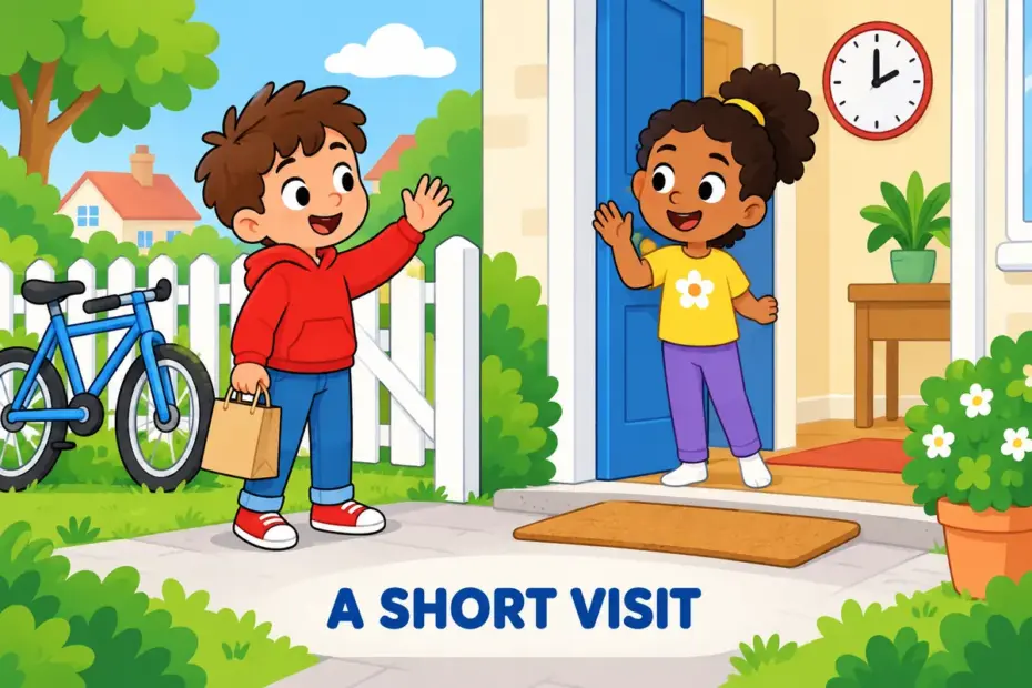 A cartoon child waves at a friend through a doorway, showing drop by in a sentence as a brief friendly visit.