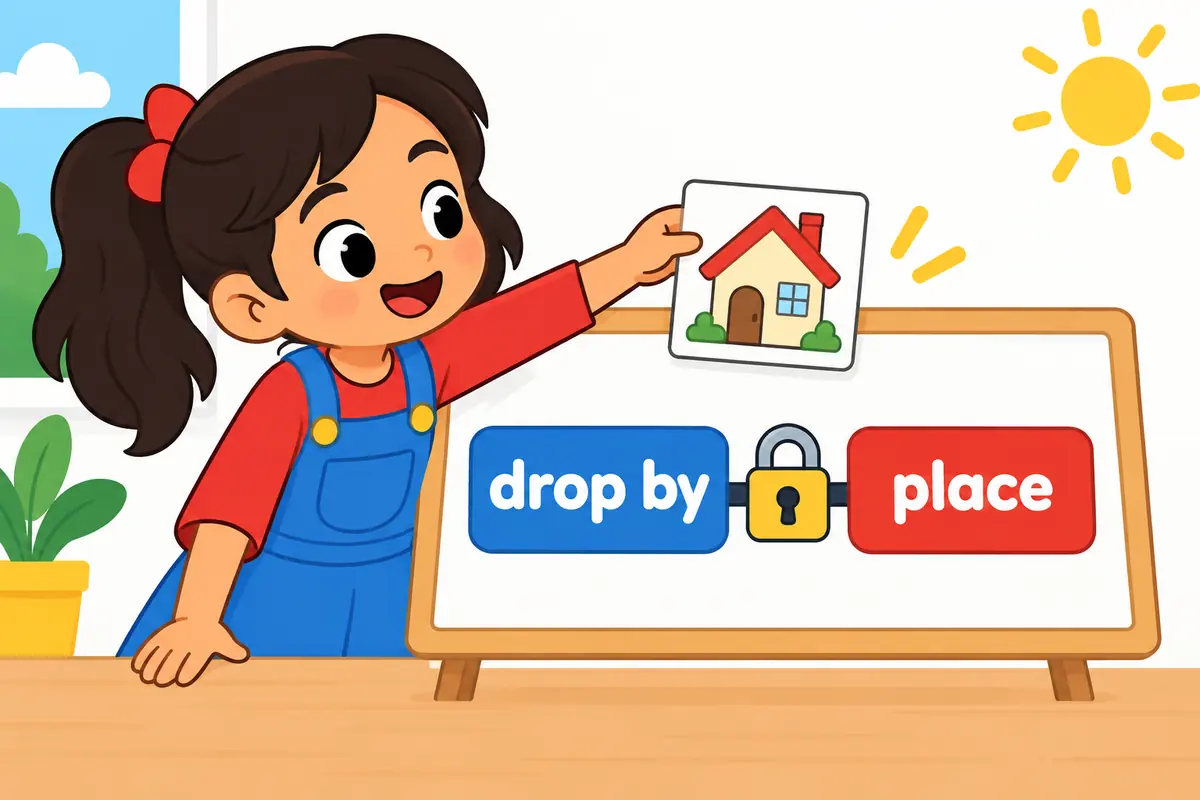 A cartoon board shows a place card sitting after drop by as an adverbial, with a fixed particle link between the blocks.