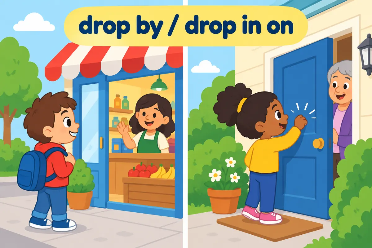 A cartoon split scene contrasts a child visiting a shop with a child calling on a neighbour at home.