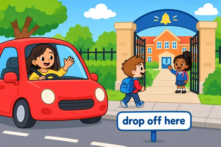 A cartoon parent waves from a car as a child walks to a school gate, showing drop off in a sentence as leaving someone at a place.