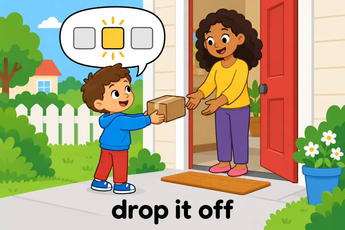 A cartoon child hands a parcel over a doorstep while a speech bubble shows the pronoun inserted between drop and off.