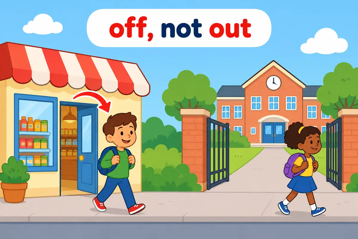 A cartoon single scene contrasts a shop sign with a gently falling arrow and a school gate where a pupil walks away for good.