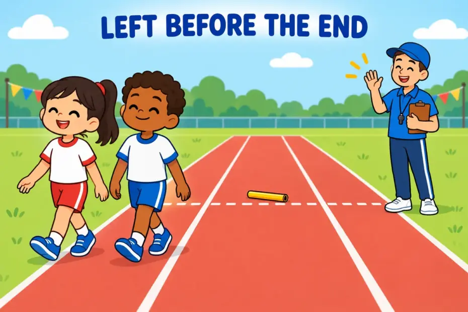 Cartoon pupils walk away from a half-finished relay race, showing drop out in a sentence as leaving before the finish.