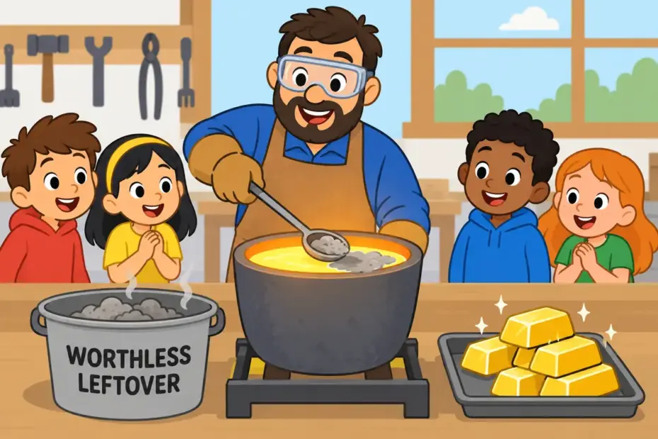 A cartoon metalworker skims grey scum from a pot of shining metal, illustrating dross in a sentence as worthless material left behind.