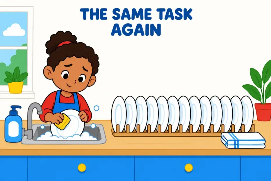 Cartoon children wash dishes at a sink beside a long row of identical plates, showing drudgery in a sentence as repeated chores.
