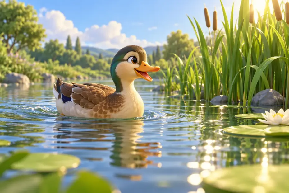 A duck paddles across a sunlit pond beside green reeds.