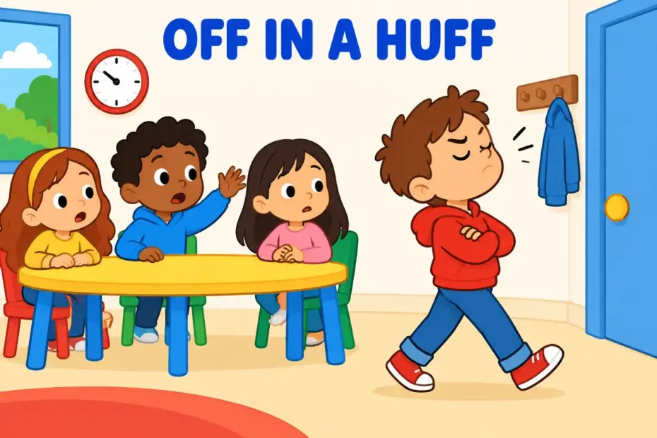 Cartoon children show dudgeon in a sentence as a proud pupil marching away from a table with a raised chin.