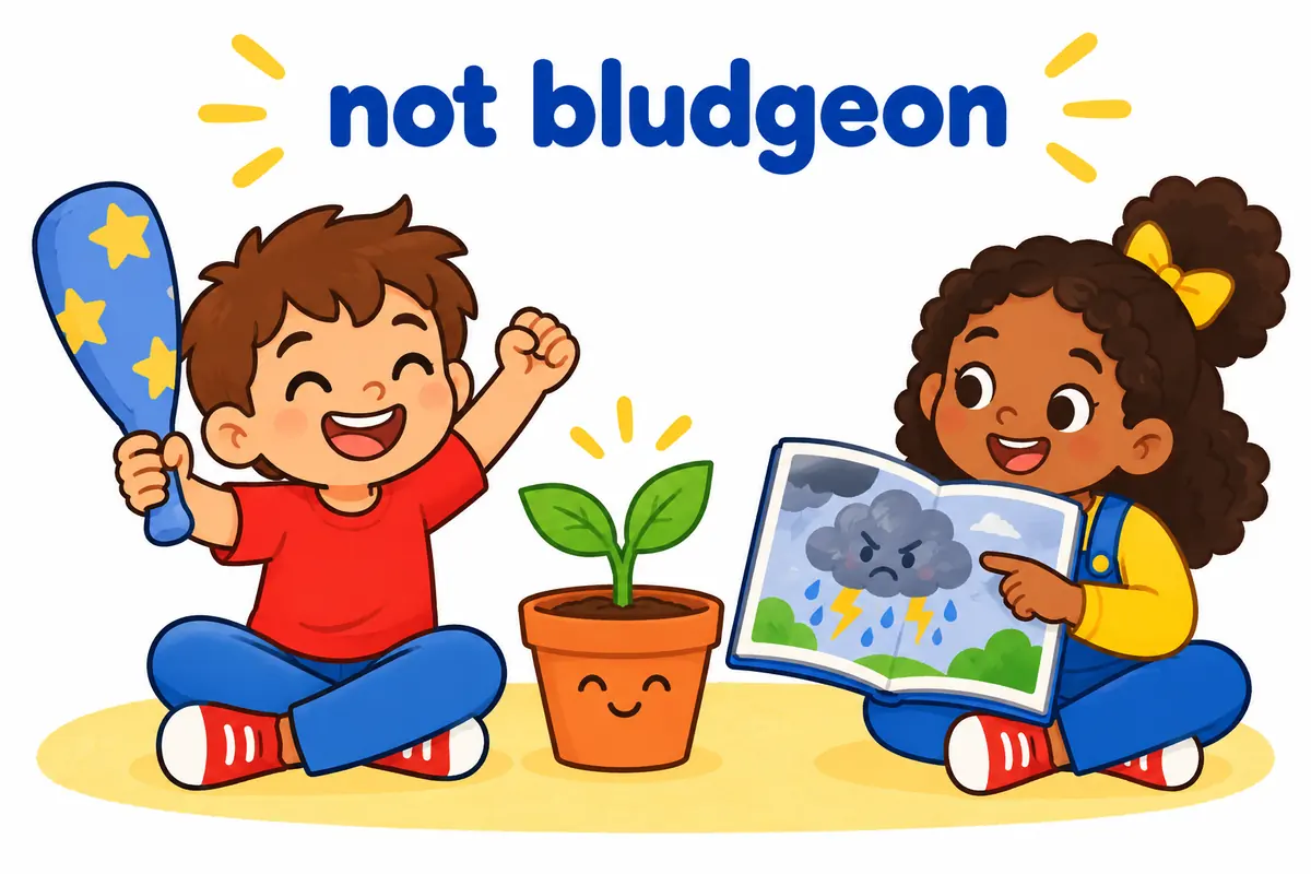 A child holds a soft toy club beside a sprouting plant while a friend points to a book, contrasting dudgeon, bludgeon and burgeon.