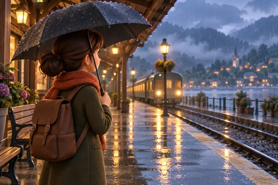 A traveler looks at a rain-soaked railway platform while sheltering beneath an umbrella.