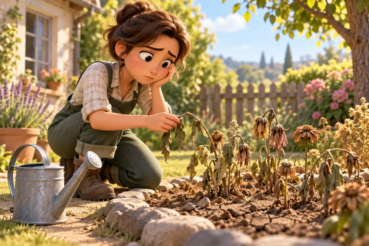 A gardener examines wilted plants in a dry flowerbed beside a watering can.