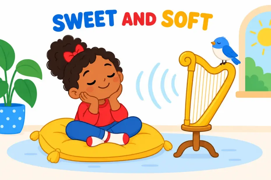 Cartoon child listens happily to a harp, showing dulcet in a sentence as a sweet and soothing sound.