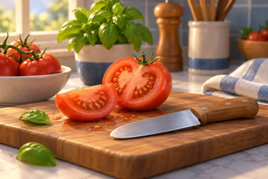 A blunt kitchen knife rests beside a cut tomato.
